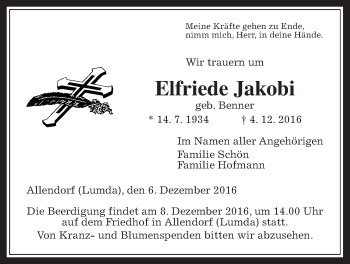 Traueranzeige von Elfriede Jakobi von Gießener Allgemeine, Alsfelder Allgemeine
