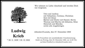 Traueranzeige von Ludwig Krieb von Gießener Allgemeine, Alsfelder Allgemeine