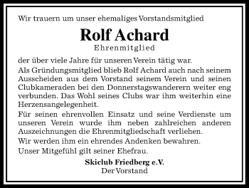 Traueranzeige von Rolf Achard von Wetterauer Zeitung, Wetterauer Zeitung