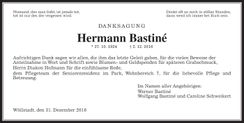 Traueranzeige von Hermann Bastiné von Wetterauer Zeitung, Wetterauer Zeitung