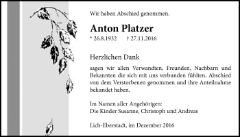 Traueranzeige von Anton Platzer von Licher Wochenblatt, Licher Wochenblatt, Licher Wochenblatt