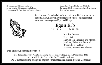 Traueranzeige von Egon Erb von Licher Wochenblatt, Licher Wochenblatt, Licher Wochenblatt