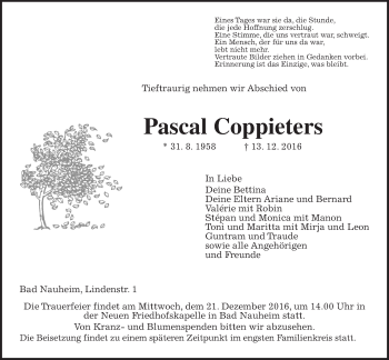 Traueranzeige von Pascal Coppieters von Wetterauer Zeitung, Wetterauer Zeitung