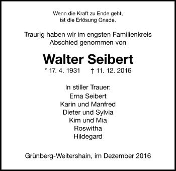 Traueranzeige von Walter Seibert von Gießener Allgemeine, Alsfelder Allgemeine