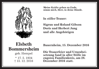 Traueranzeige von Elsbeth Bommersheim von Wetterauer Zeitung, Wetterauer Zeitung