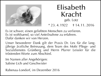 Traueranzeige von Elisabeth Kracht von Allendorfer Mitteilungen, Rabenauer Zeitung