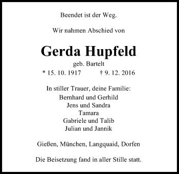 Traueranzeige von Gerda Hupfeld von Gießener Allgemeine, Alsfelder Allgemeine