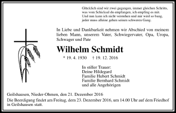 Traueranzeige von Wilhelm Schmidt von Gießener Allgemeine, Alsfelder Allgemeine