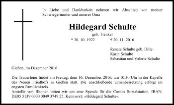 Traueranzeige von Hildegard Schulte von Gießener Allgemeine, Alsfelder Allgemeine