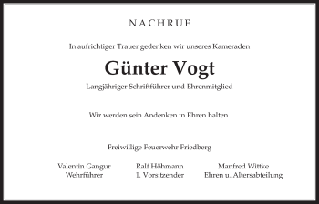 Traueranzeige von Günter Vogt von Gießener Allgemeine, Alsfelder Allgemeine