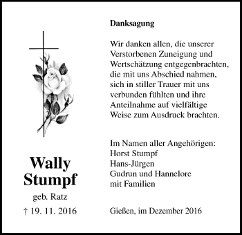 Traueranzeige von Wally Stumpf von Gießener Allgemeine, Alsfelder Allgemeine