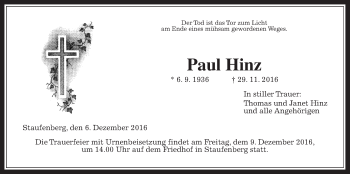 Traueranzeige von Paul Hinz von Gießener Allgemeine, Alsfelder Allgemeine