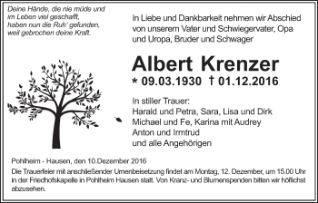 Traueranzeige von Albert Krenzer von Gießener Allgemeine, Alsfelder Allgemeine