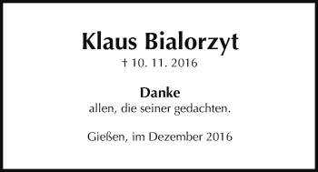 Traueranzeige von Klaus Bialorzyt von Gießener Allgemeine, Alsfelder Allgemeine