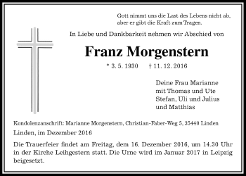 Traueranzeige von Franz Morgenstern von Gießener Allgemeine, Alsfelder Allgemeine