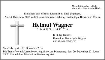 Traueranzeige von Helmut Wagner von Gießener Allgemeine, Alsfelder Allgemeine