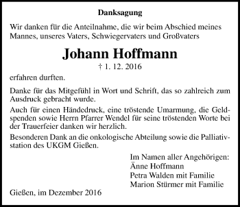 Traueranzeige von Johann Hoffmann von Gießener Allgemeine, Alsfelder Allgemeine