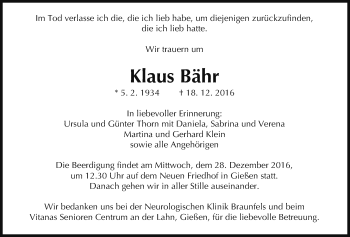 Traueranzeige von Klaus Bähr von Gießener Allgemeine, Alsfelder Allgemeine