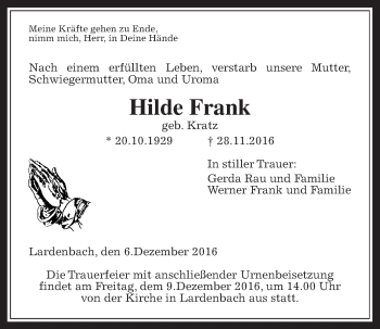 Traueranzeige von Hilde Frank von Gießener Allgemeine, Alsfelder Allgemeine