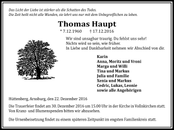 Traueranzeige von Thomas Haupt von Gießener Allgemeine, Alsfelder Allgemeine