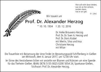Traueranzeige von Alexander Herzog von Gießener Allgemeine, Alsfelder Allgemeine