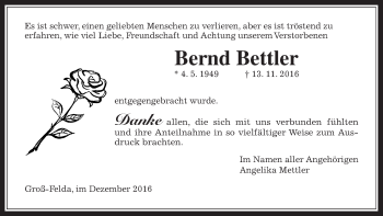 Traueranzeige von Bernd Bettler von Gießener Allgemeine, Alsfelder Allgemeine