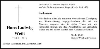 Traueranzeige von Hans Ludwig Weiß von Gießener Allgemeine, Alsfelder Allgemeine