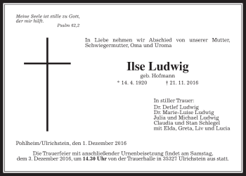 Traueranzeige von Ilse Ludwig von Gießener Allgemeine, Alsfelder Allgemeine