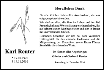 Traueranzeige von Karl Reuter von Wetterauer Zeitung, Wetterauer Zeitung