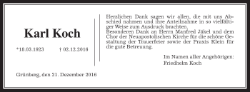 Traueranzeige von Karl Koch von Gießener Allgemeine, Alsfelder Allgemeine