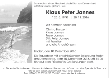 Traueranzeige von Klaus Peter Jannes von Gießener Allgemeine, Alsfelder Allgemeine