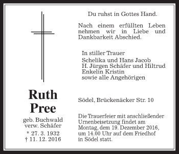 Traueranzeige von Ruth Pree von Wetterauer Zeitung, Wetterauer Zeitung