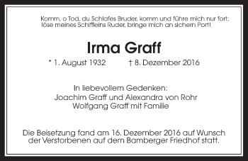Traueranzeige von Irma Graff von Wetterauer Zeitung, Wetterauer Zeitung