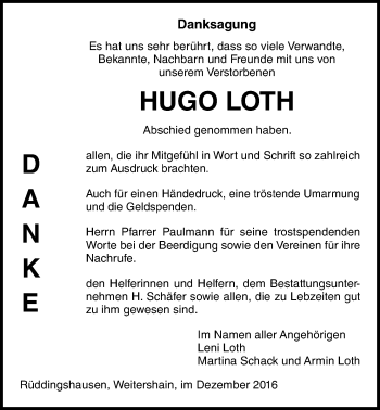 Traueranzeige von Hugo Loth von Gießener Allgemeine, Alsfelder Allgemeine