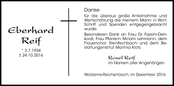 Traueranzeige von Eberhard Reif von Wetterauer Zeitung, Wetterauer Zeitung