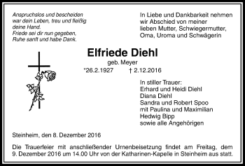 Traueranzeige von Elfriede Diehl von Licher Wochenblatt, Licher Wochenblatt, Licher Wochenblatt