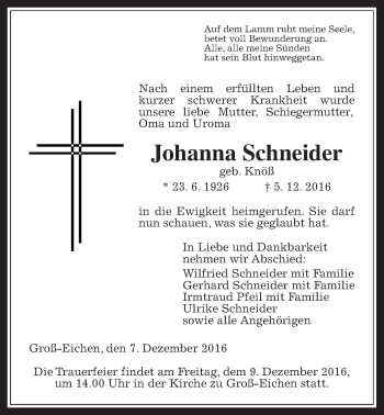 Traueranzeige von Johanna Schneider von Alsfelder Allgemeine
