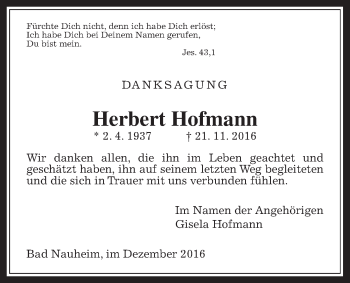 Traueranzeige von Herbert Hofmann von Wetterauer Zeitung, Wetterauer Zeitung