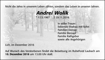 Traueranzeige von Andrei Wolik von Licher Wochenblatt, Licher Wochenblatt, Licher Wochenblatt