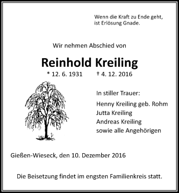 Traueranzeige von Reinhold Kreiling von Gießener Allgemeine, Alsfelder Allgemeine