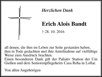 Traueranzeige von Erich Alois Band von Gießener Allgemeine, Alsfelder Allgemeine