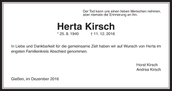 Traueranzeige von Herta Kirsch von Gießener Allgemeine, Alsfelder Allgemeine