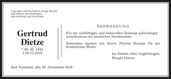 Traueranzeige von Gertrud Dietze von Wetterauer Zeitung, Wetterauer Zeitung