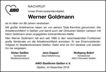 Traueranzeige von Werner Goldmann von Gießener Allgemeine, Alsfelder Allgemeine