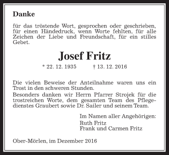Traueranzeige von Josef Fritz von Wetterauer Zeitung, Wetterauer Zeitung