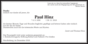 Traueranzeige von Paul Hinz von Gießener Allgemeine, Alsfelder Allgemeine
