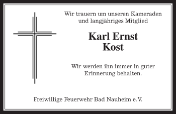 Traueranzeige von Karl Ernst Kost von Wetterauer Zeitung, Wetterauer Zeitung
