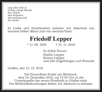 Traueranzeige von Friedolf Lepper von Gießener Allgemeine, Alsfelder Allgemeine