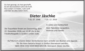 Traueranzeige von Dieter Jäschke von Gießener Allgemeine, Alsfelder Allgemeine