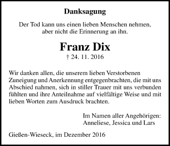 Traueranzeige von Franz Dix von Gießener Allgemeine, Alsfelder Allgemeine